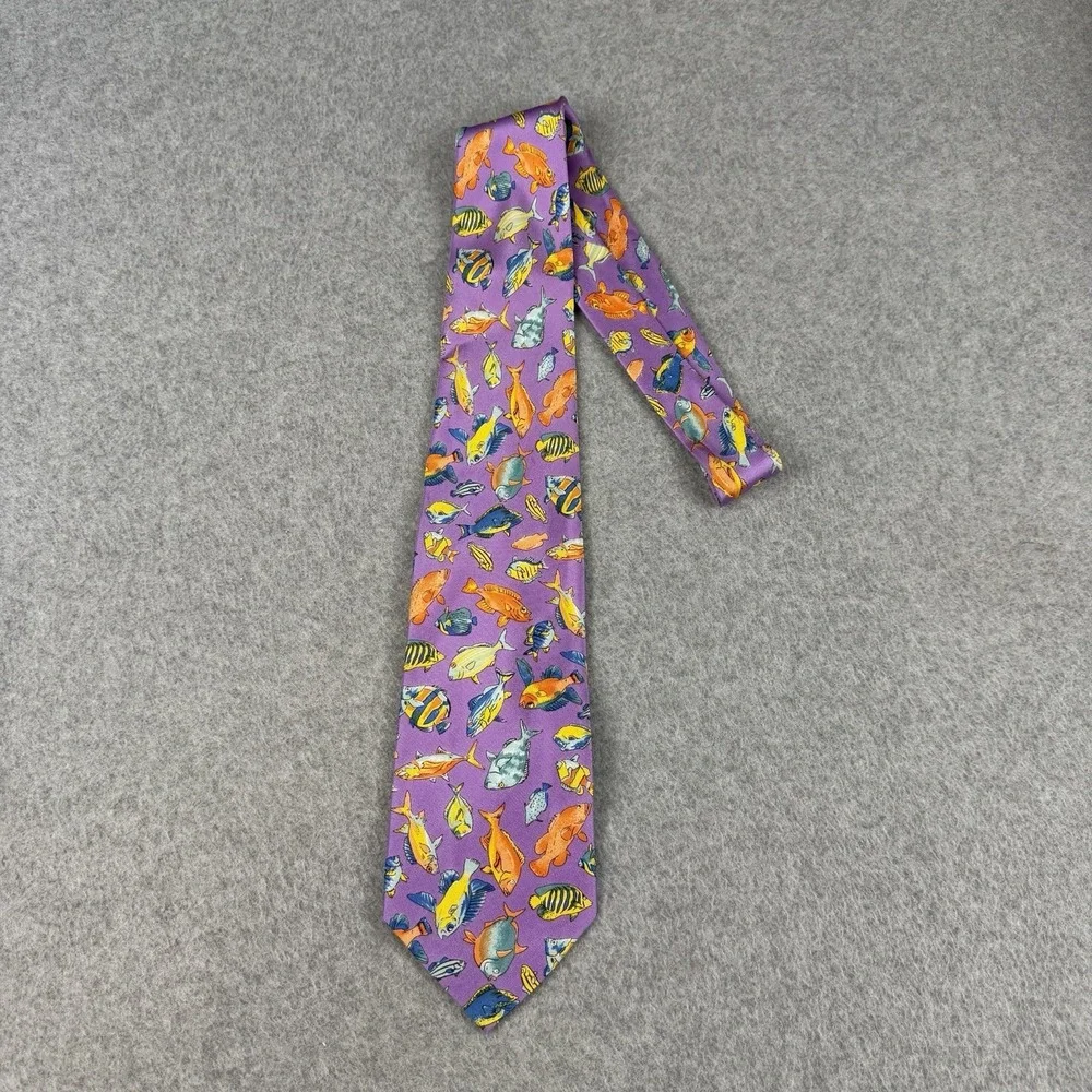 Vintage Gucci Tropical Fish Silk Tie Purple Novelty Made Italy Designer 56x3.75